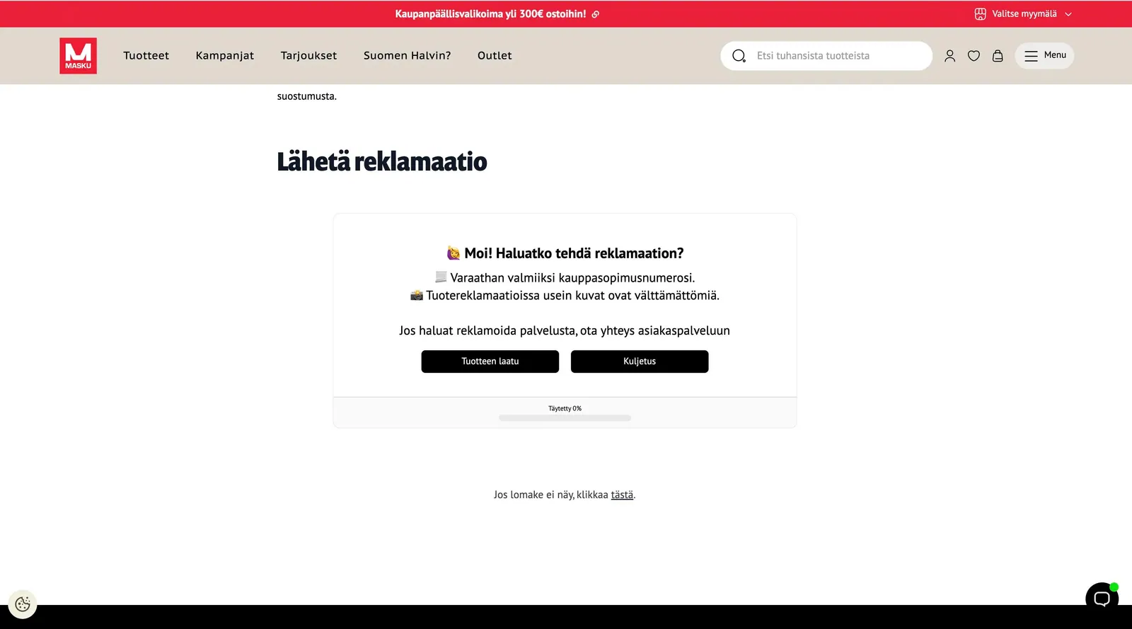 Maskun verkkokaupan Serviceform-chat