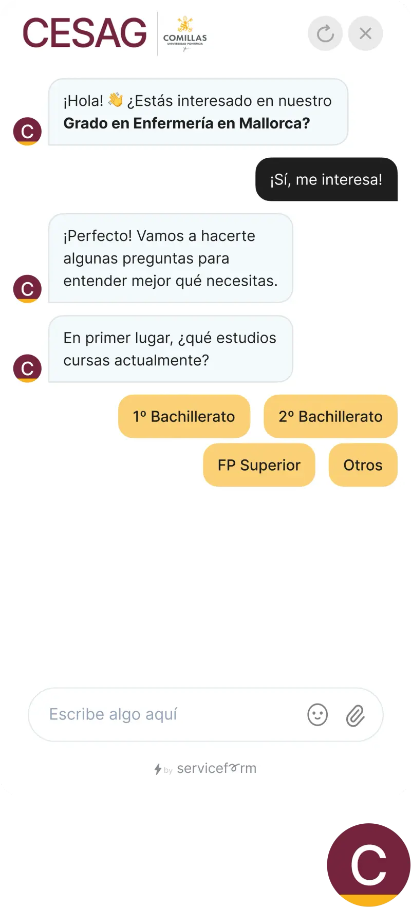 Serviceform bot on an education website — student support example
